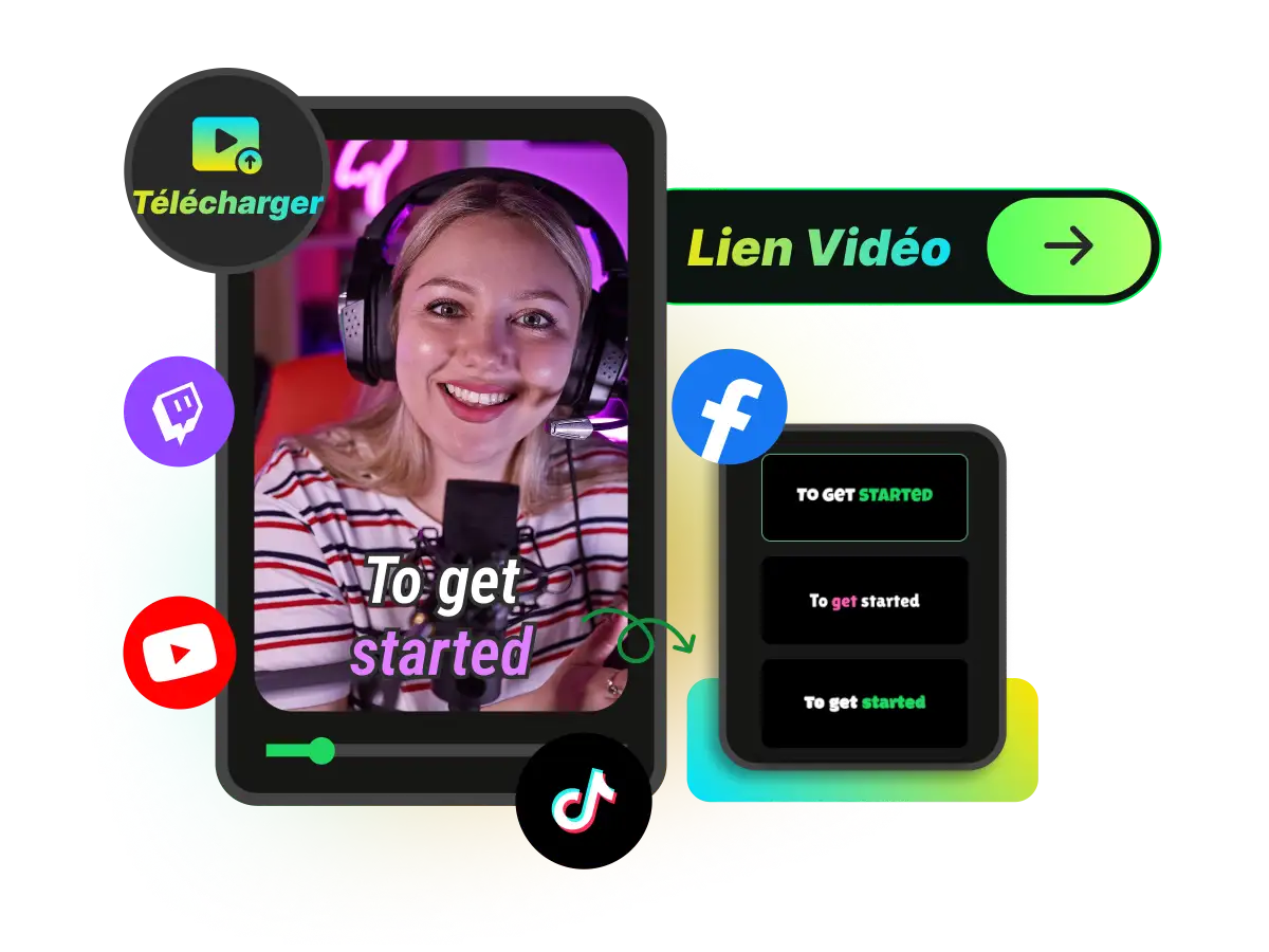 Interface montrant une vidéo verticale avec des sous-titres automatiques au format réseaux sociaux.